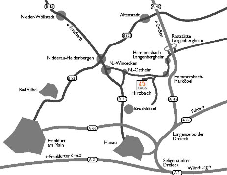 Anfahrt Yoga - Nähe Hanau. Unmittelbar neben Neuberg, Langenselbold, Erlensee, Bruchköbel, Ostheim und Altenstadt.